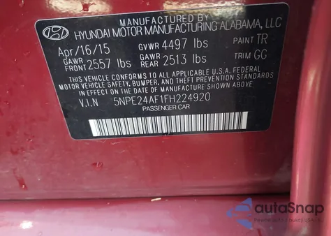 2015 Hyundai Sonata Se from USA, damaged, VIN 5NPE24AF1FH224920